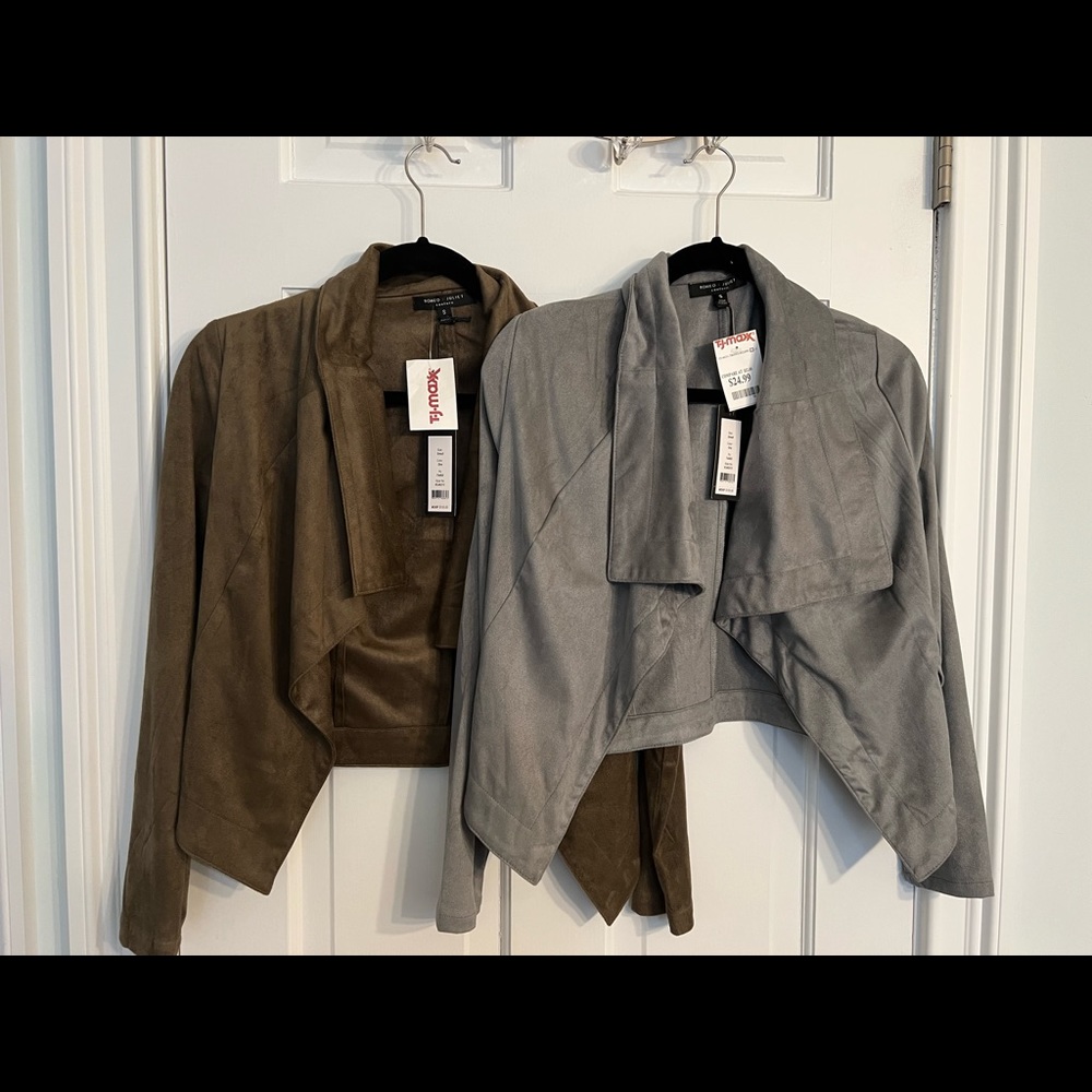 Two - Drape Faux Suede Jackets. Size small. ROMEO + JULIET COUTURE. Olive, Grey